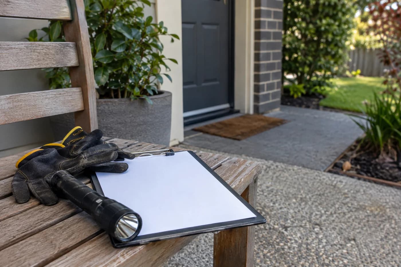 Inspection torch, gloves and clipboard on a timber porch bench