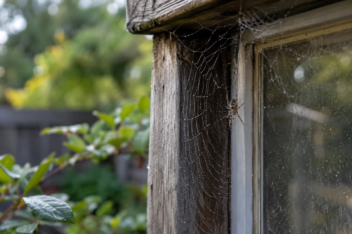 Small spider and dew-covered web in a weathered shed window corner