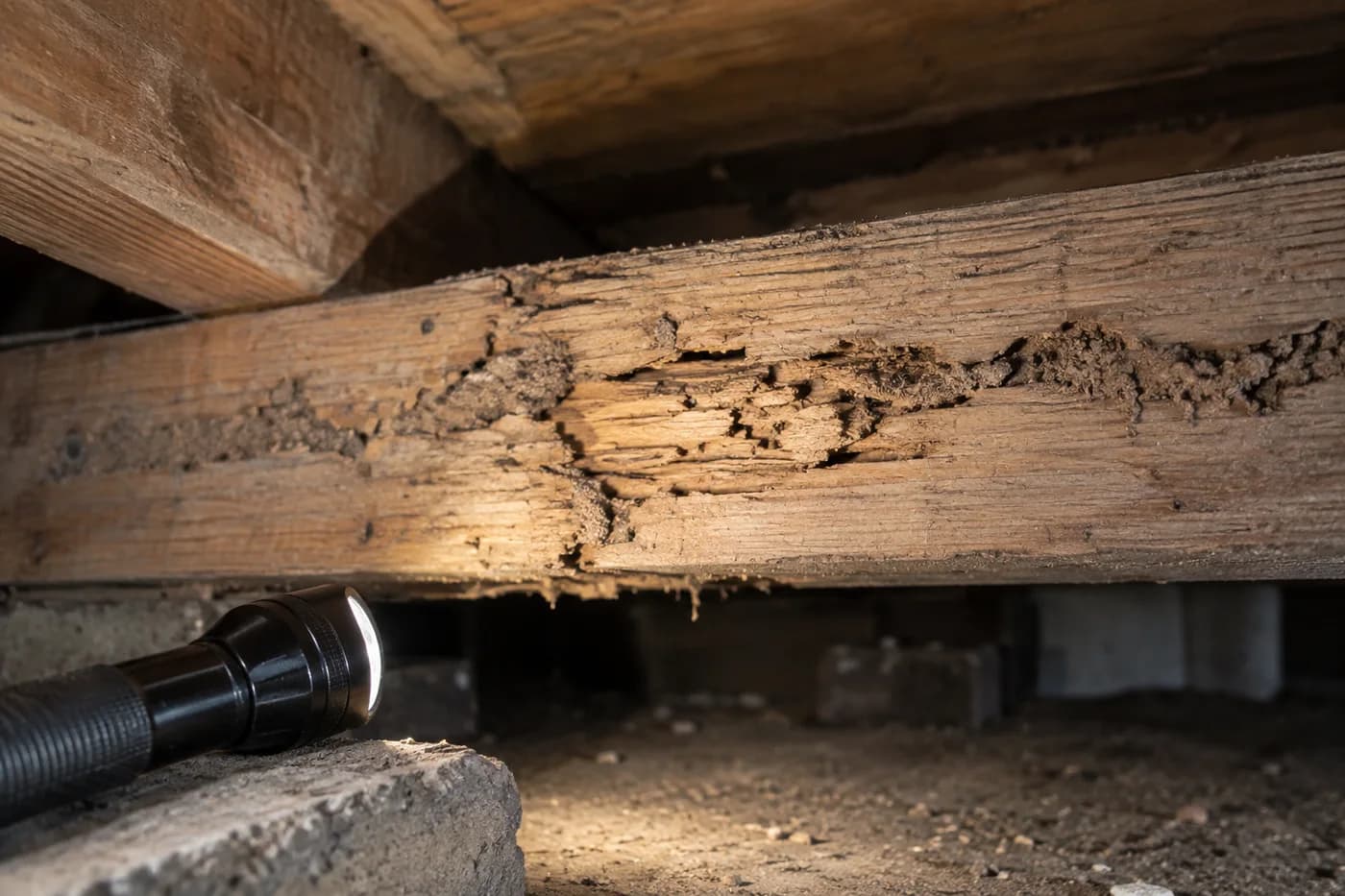 Termite damage and earthen tubes on a timber subfloor joist