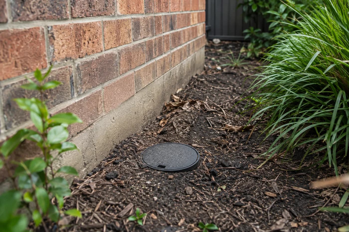 Closed termite inspection station beside a brick house foundation